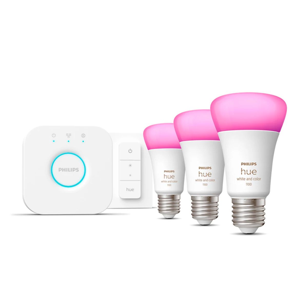PHILIPS HUE - Kit Philips Hue 3 Ampolletas E27 + 1 Dimmer + Bridge