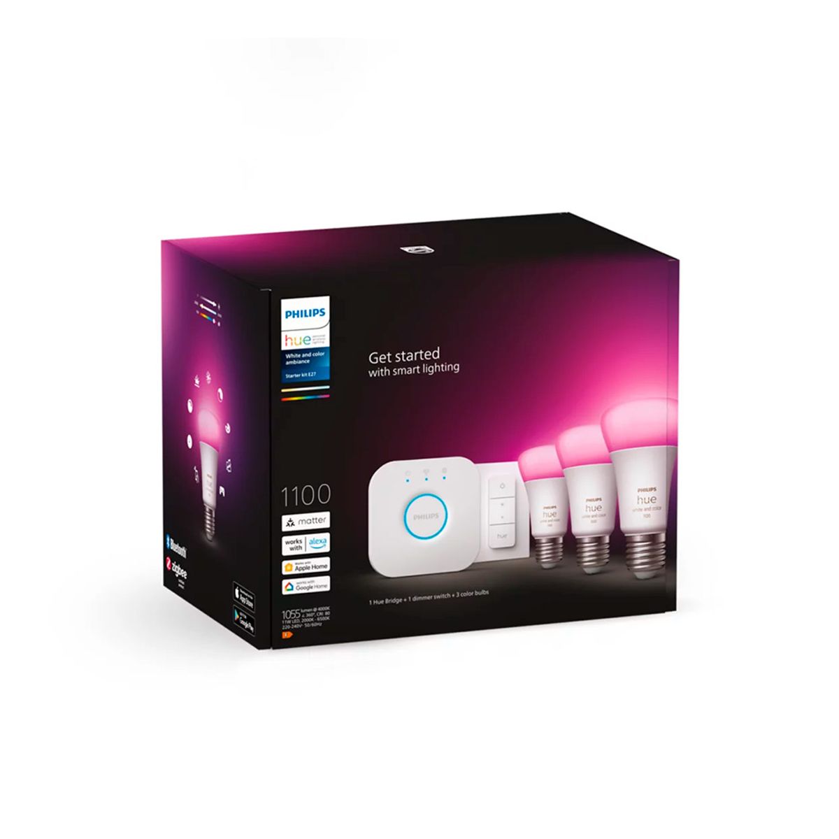 PHILIPS HUE - Kit Philips Hue 3 Ampolletas E27 + 1 Dimmer + Bridge