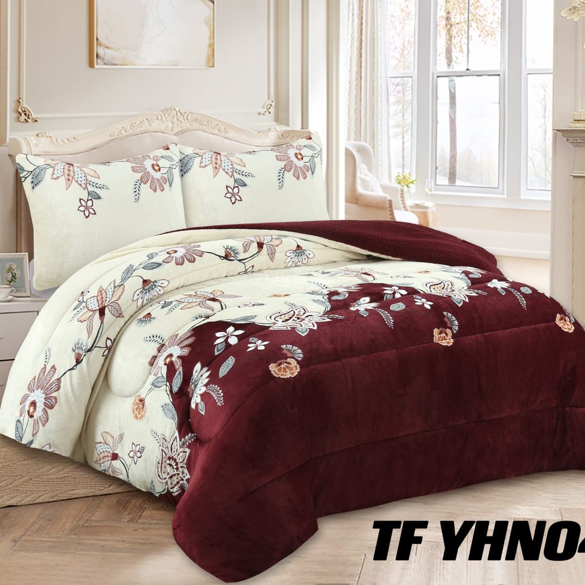 GENERICO - Cobertor de invierno Plush con chiporro 2 Plazas Flores Burdeo