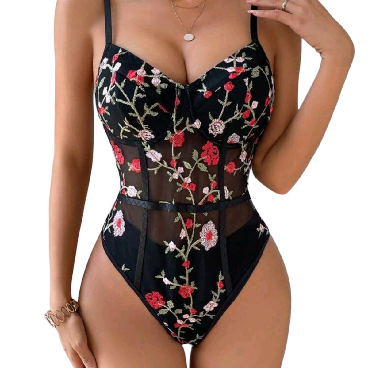 GENERICO - Body negro con Bordado de Flores Enterito