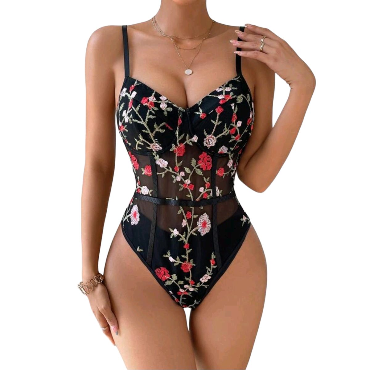 GENERICO - Body negro con Bordado de Flores Enterito