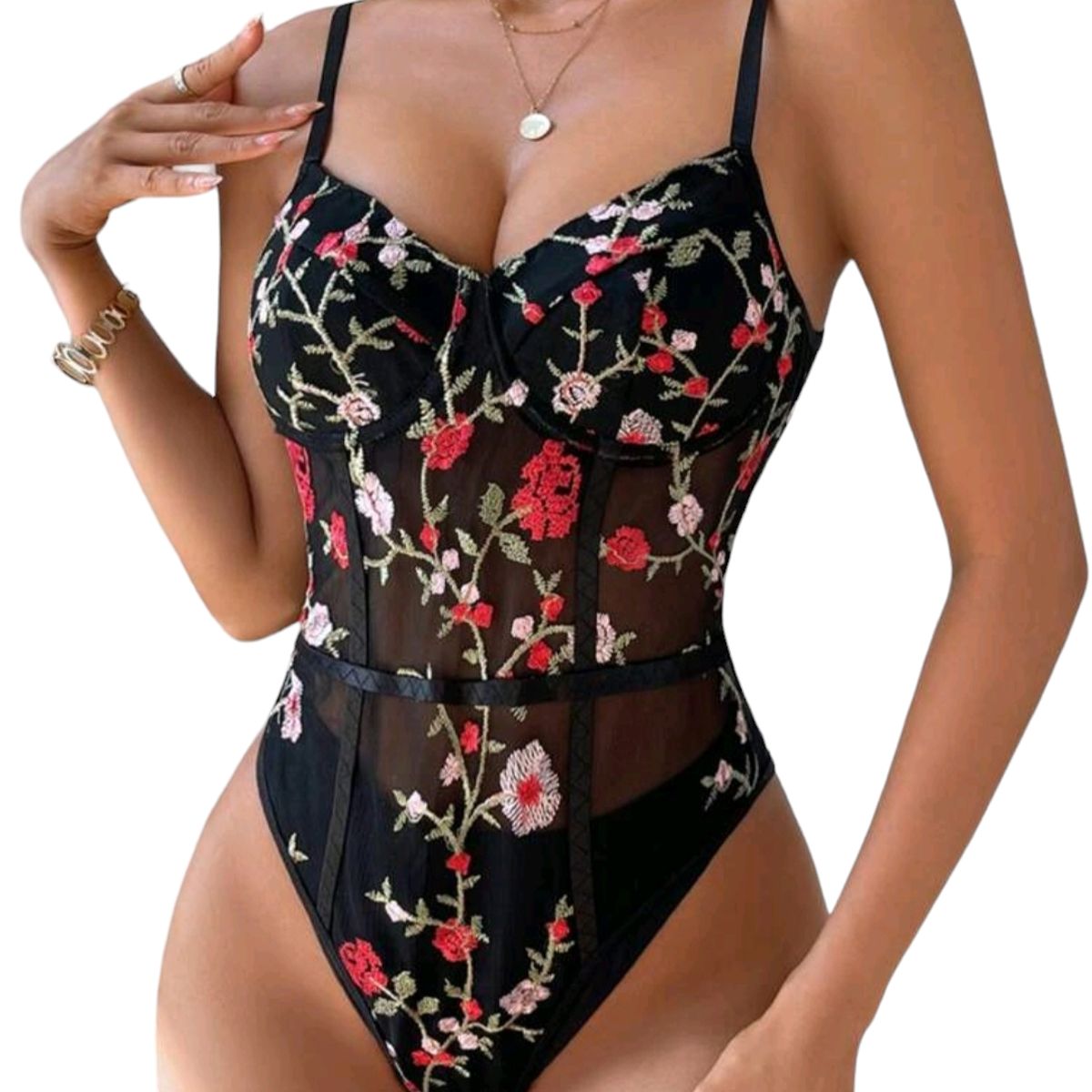 GENERICO - Body negro con Bordado de Flores Enterito