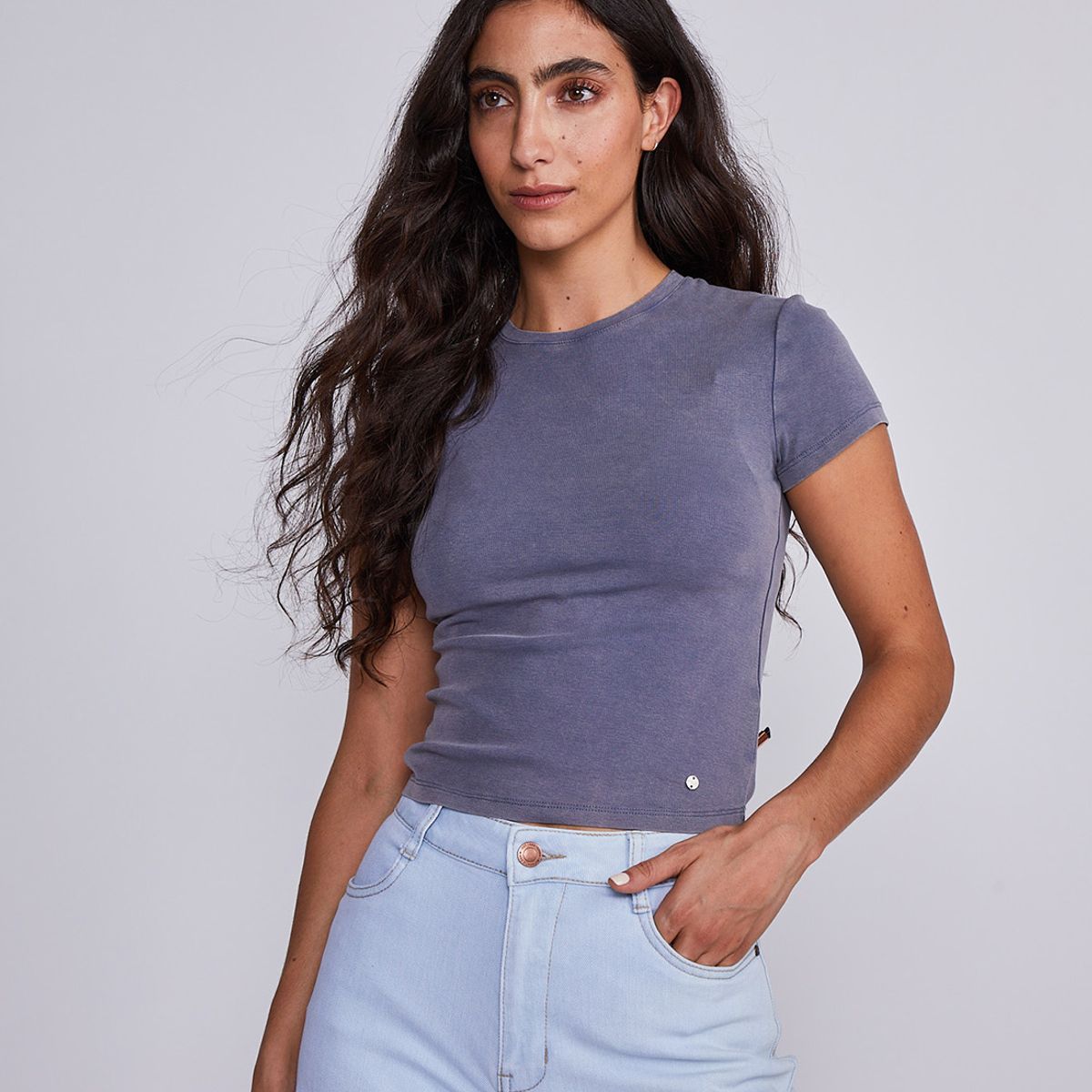 SIOUX - Polera Mujer Azul Manga Corta Lavada Sioux