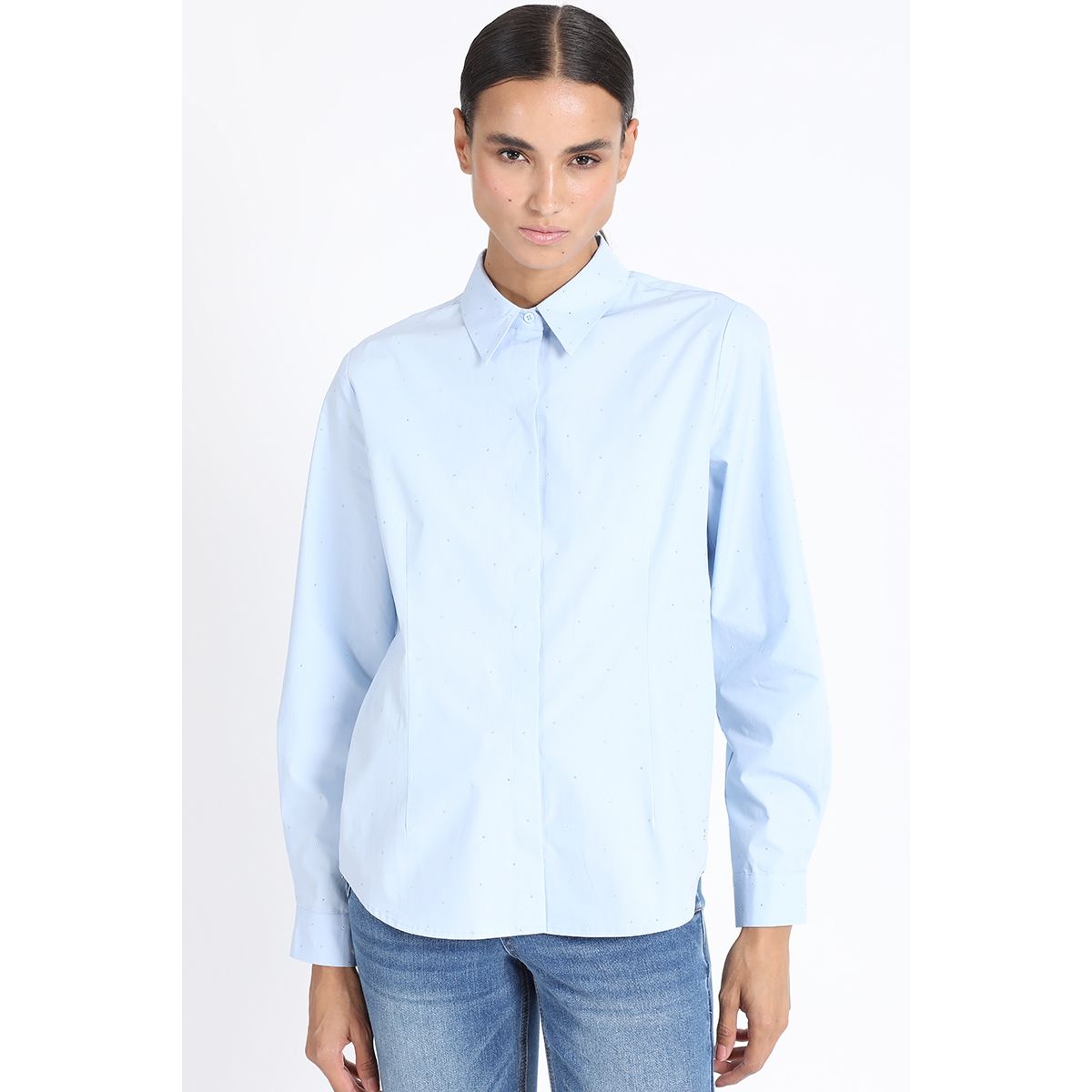 LIOLA - Camisa Poplin Con Strass, Celeste Liola