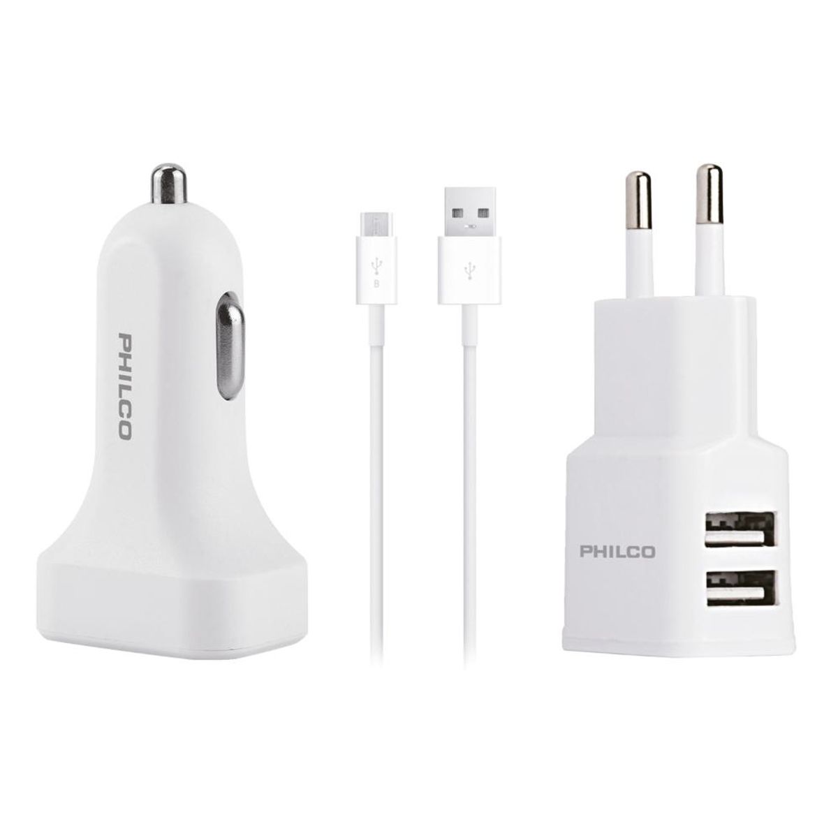 PHILCO - KIT CARGADOR 2.1 A 3 EN 1 C/CABLE MICRO USB R2112 BLANCO