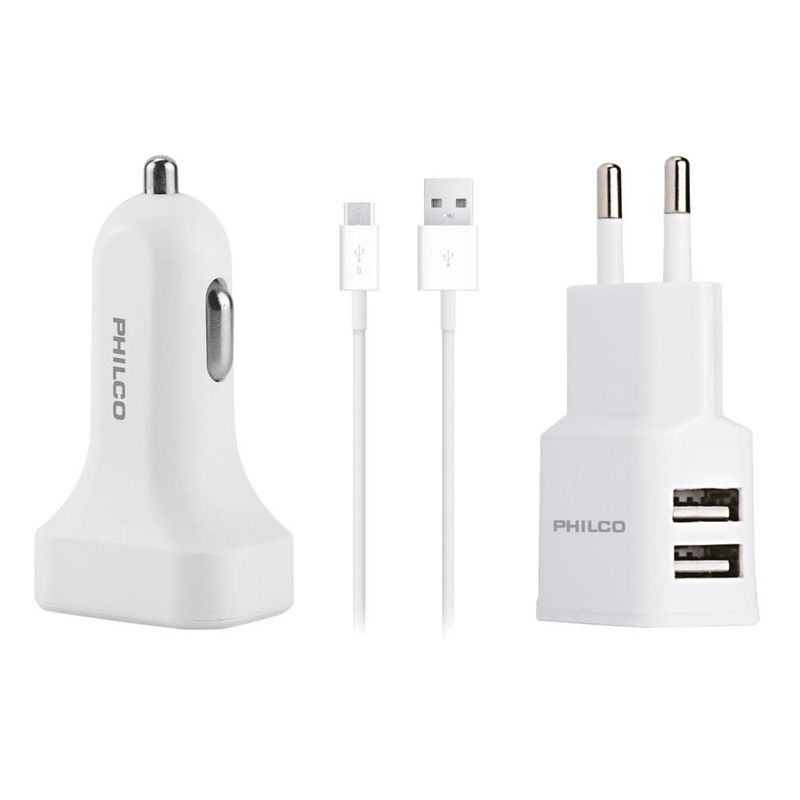PHILCO - KIT CARGADOR 2.1 A 3 EN 1 C/CABLE MICRO USB R2112 BLANCO PHILCO