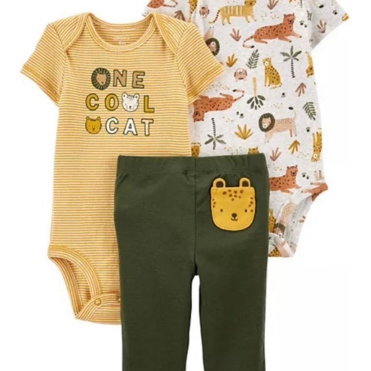 TEDMIMAK - Conjunto Verde, set de 3 piezas Tigre Amarillo de Algodón.