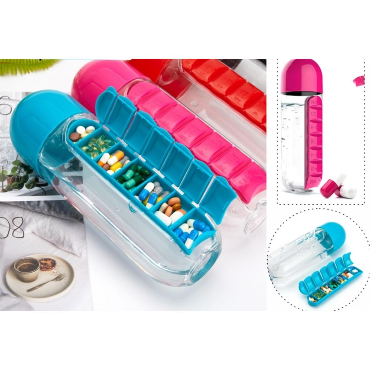 GENERICO - Botella Para Agua Con Pastillero 600ml Fucsia