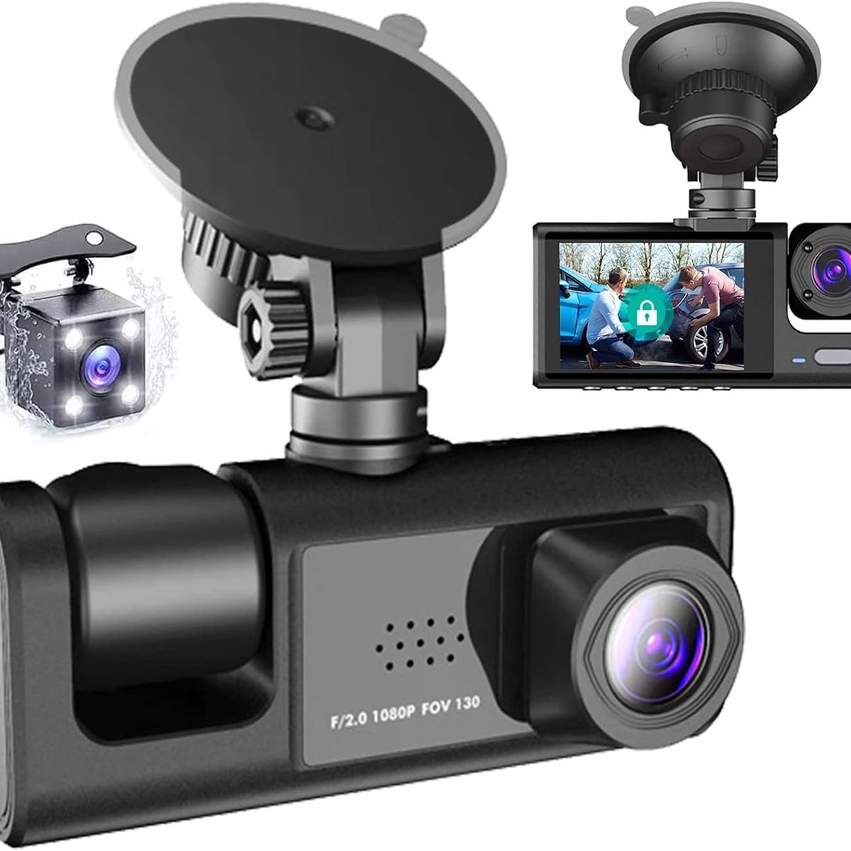 KUANGYE - Cámara De Auto 3 En 1 Frontal Trasera Y Dentro 1080p Hd