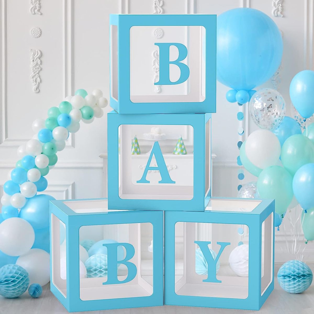 EDWINAYY - Set 4 Cubos Cajas Para Globos Baby Shower Decoración-azul