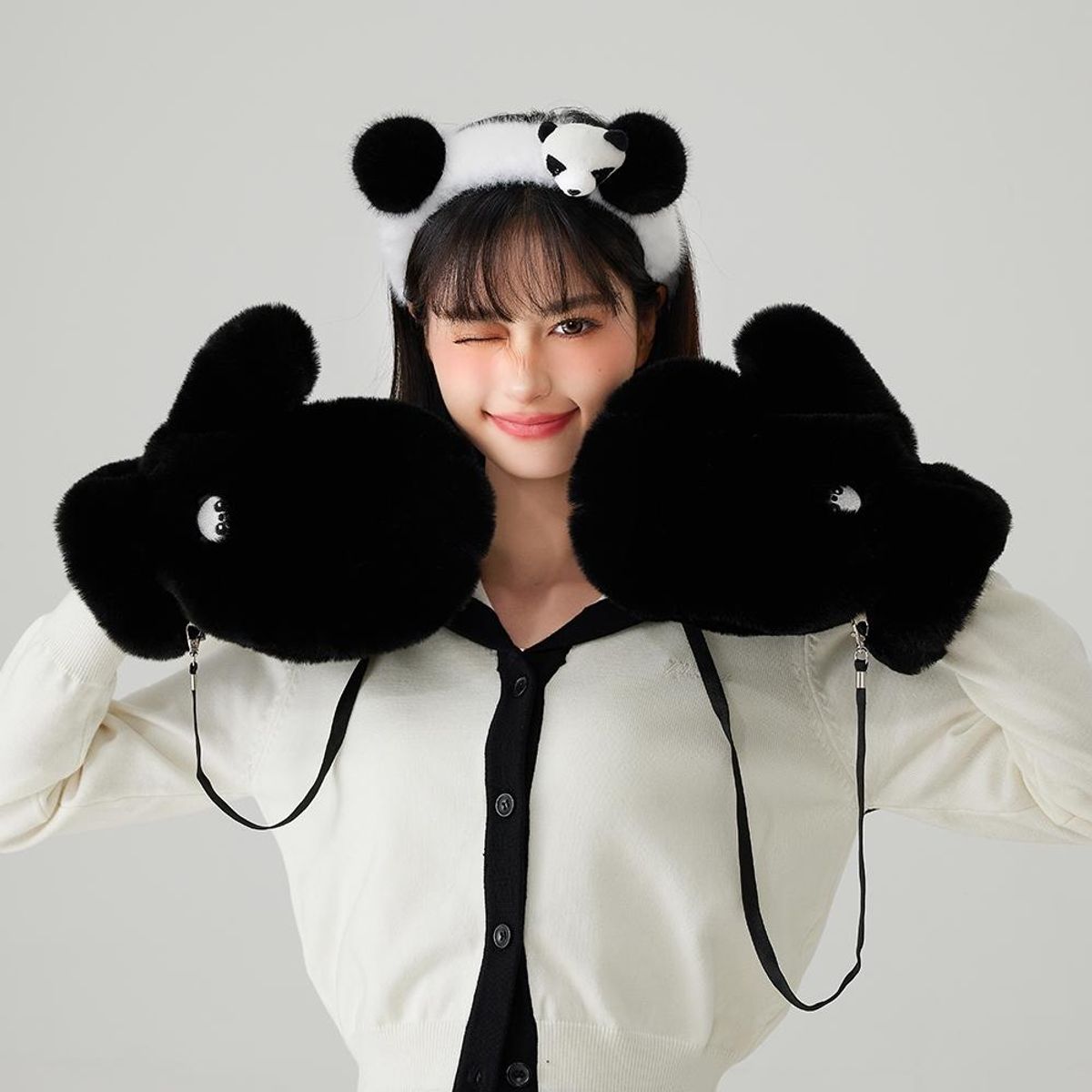 JMAX - JMAX Guantes de Peluche Negro PANDA16