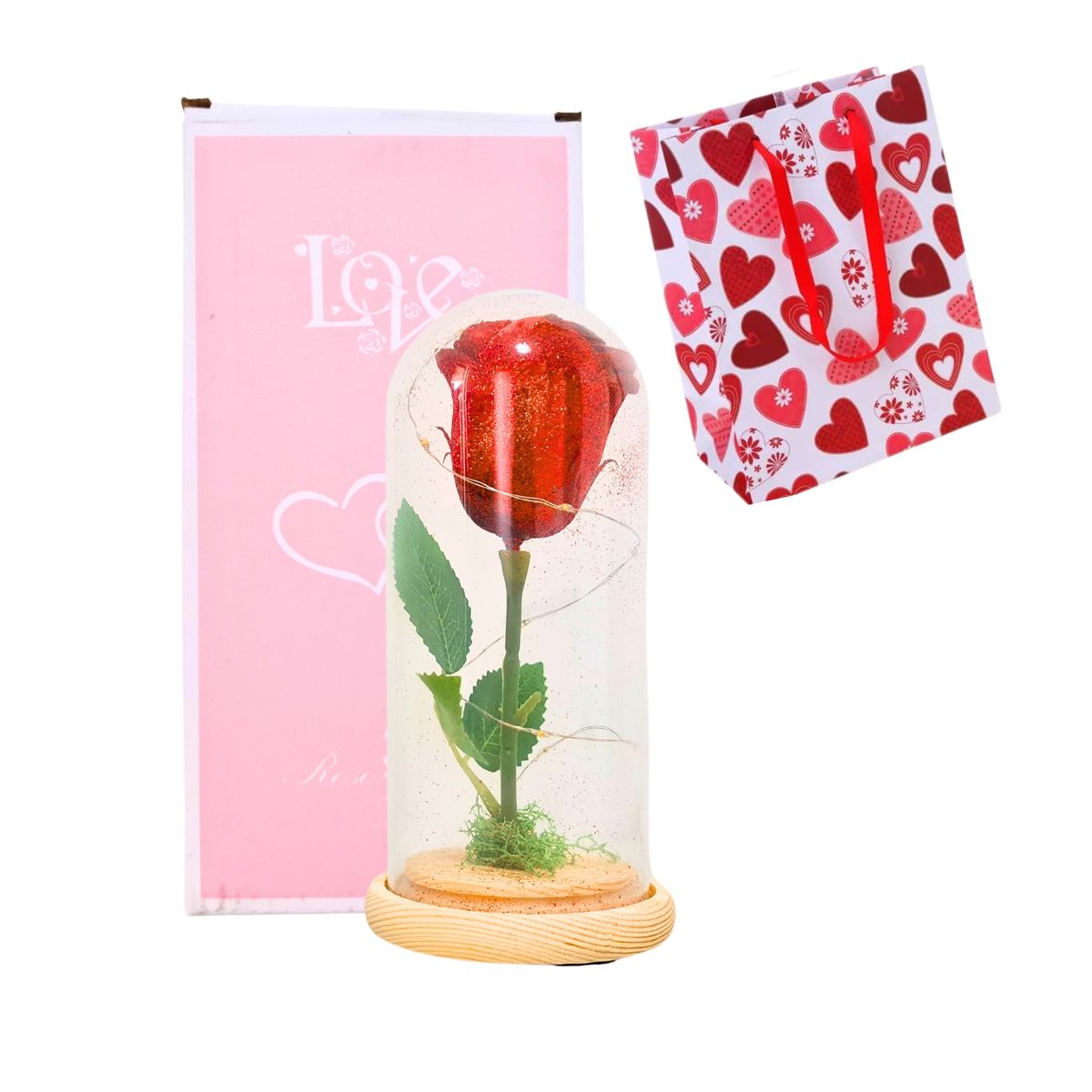 GENERICO - Rosa Eterna Artificial Cúpula De Vidrio Luces  Pilas Bolsa Regalo