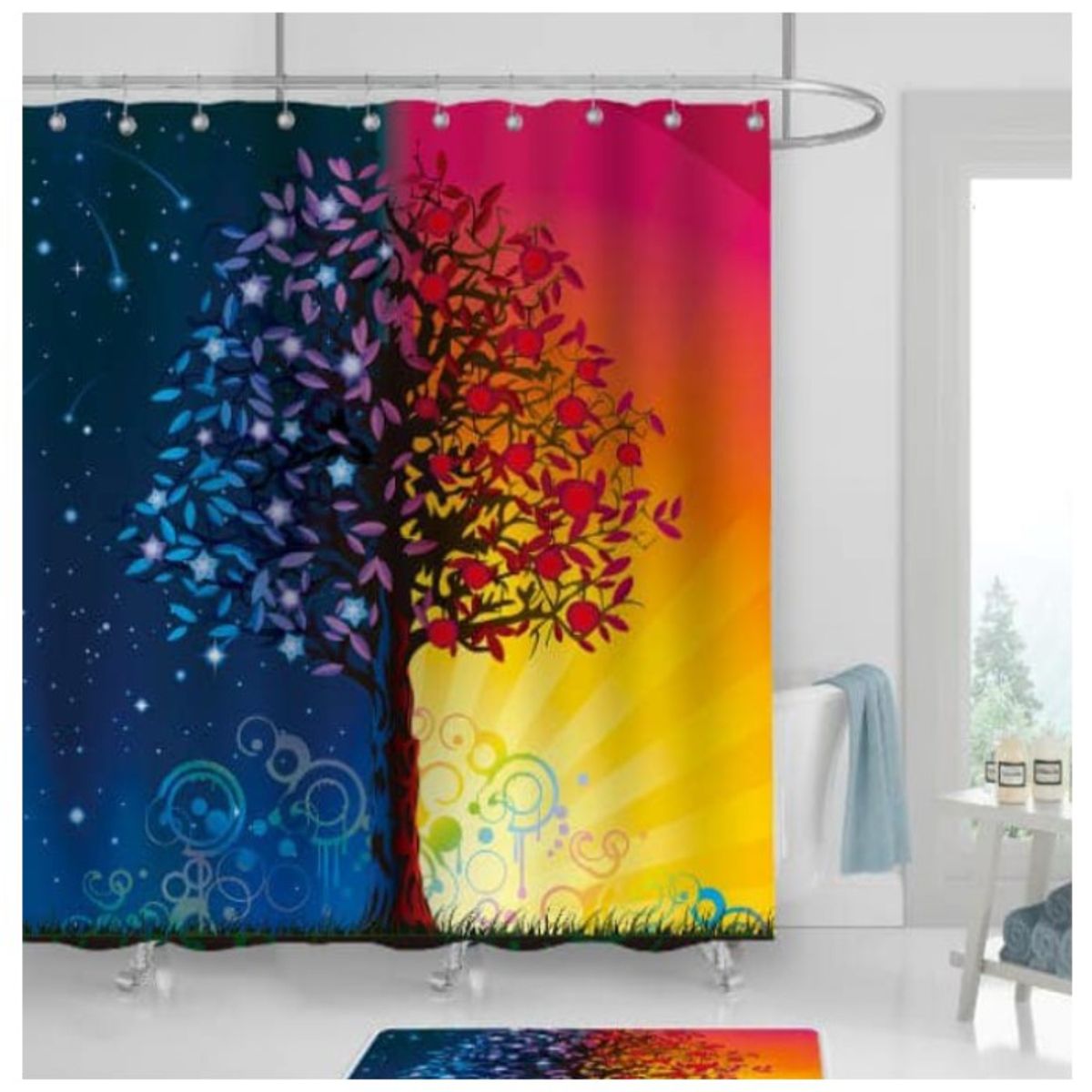 COMPRAPO - Cortina Baño Impermeable Árbol día y Noche más 12 Ganchos 180x180 Cm
