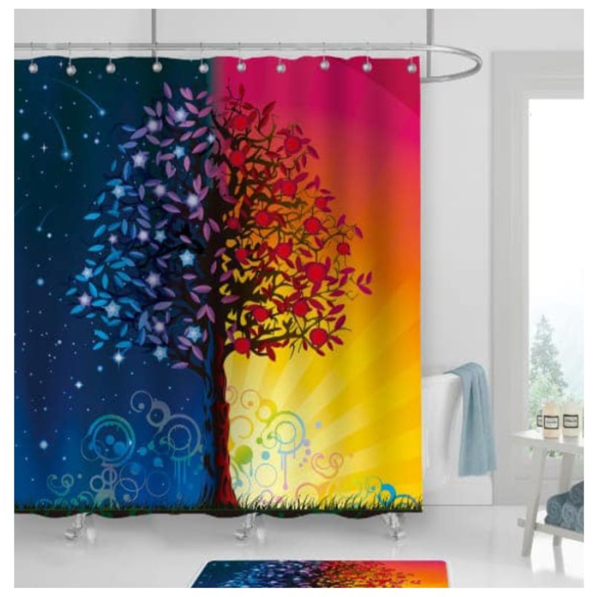 COMPRAPO - Cortina Baño Impermeable Árbol día y Noche más 12 Ganchos 180x180 Cm