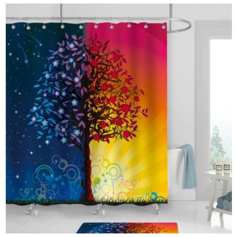 COMPRAPO - Cortina Baño Impermeable Árbol día y Noche más 12 Ganchos 180x180 Cm
