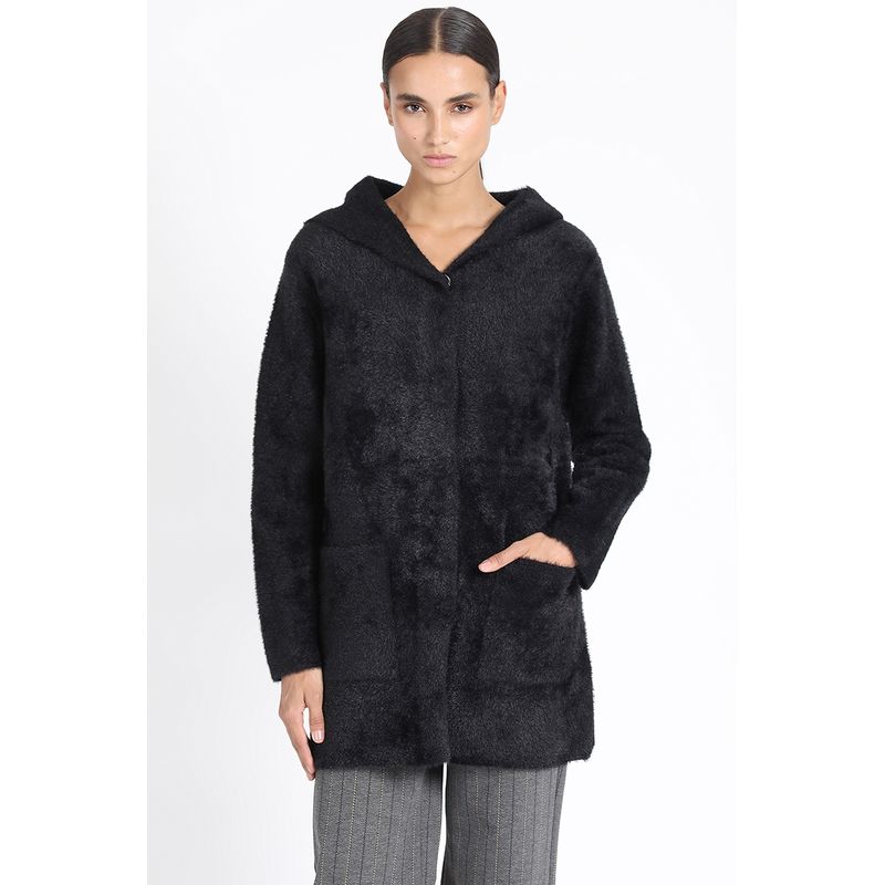 LIOLA - Chaqueton Recto Tejido Punto Capucha, Negro Liola