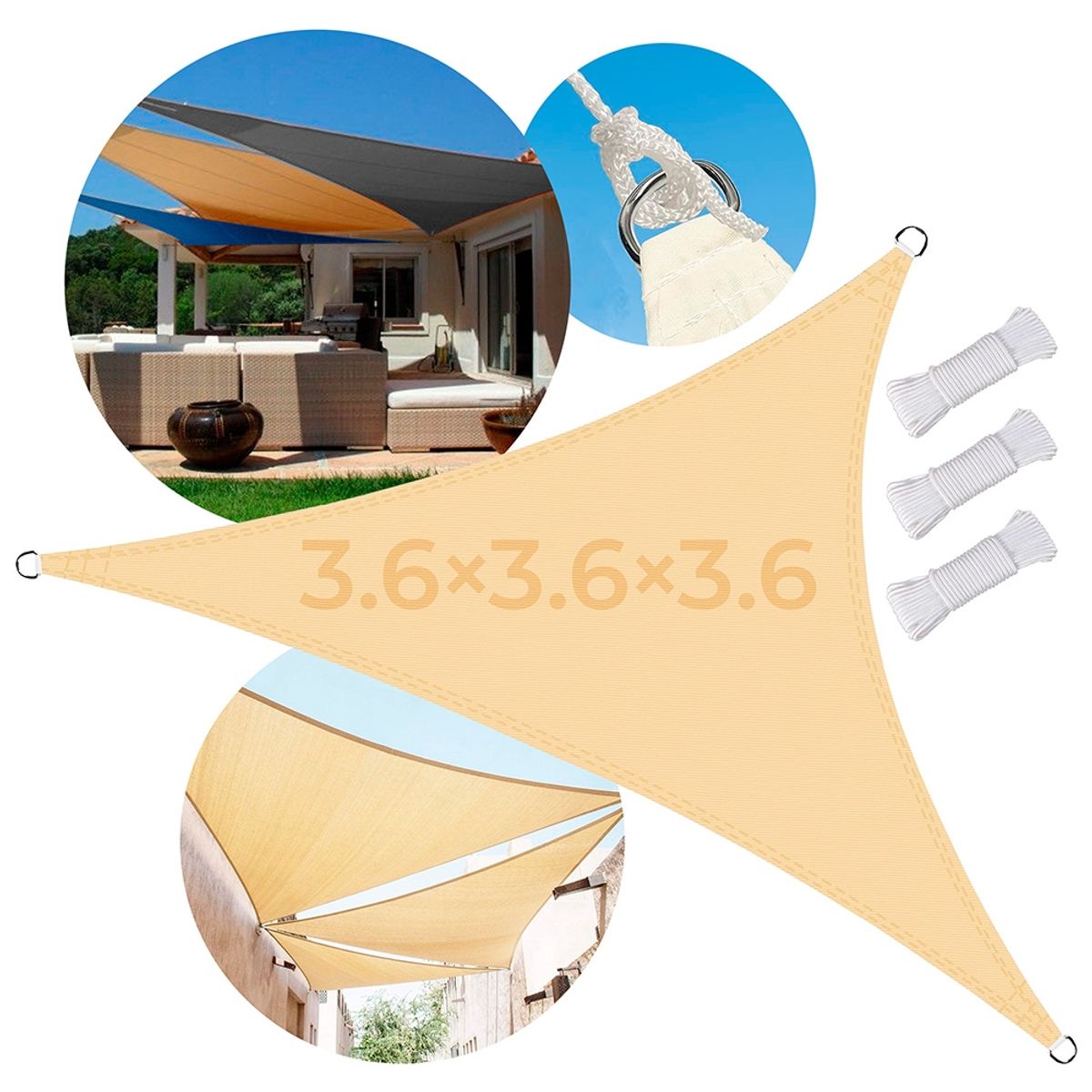 GENERICO - Toldo Vela Sombra Triangular Anti-UV Impermeable Para Patio 3.6 Mts Beige