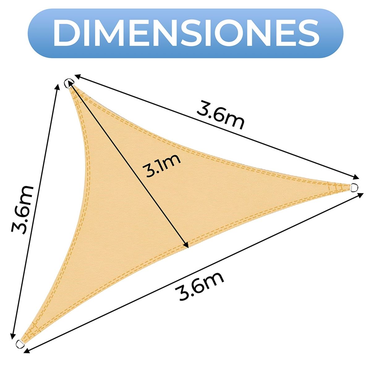 GENERICO - Toldo Vela Sombra Triangular Anti-UV Impermeable Para Patio 3.6 Mts Beige