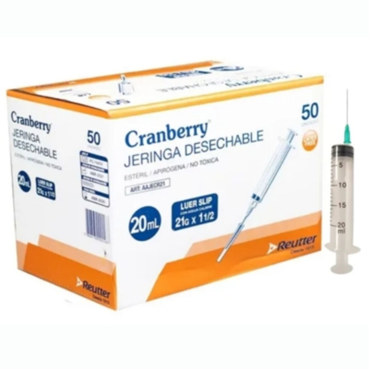 CRANBERRY - Jeringa Desechable Luer Slip 20cc 21g X 1 1/2 Caja 50 Unid.