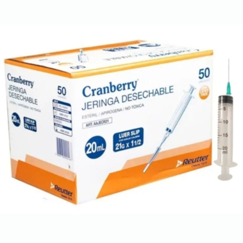 CRANBERRY - Jeringa Desechable Luer Slip 20cc 21g X 1 1/2 Caja 50 Unid.