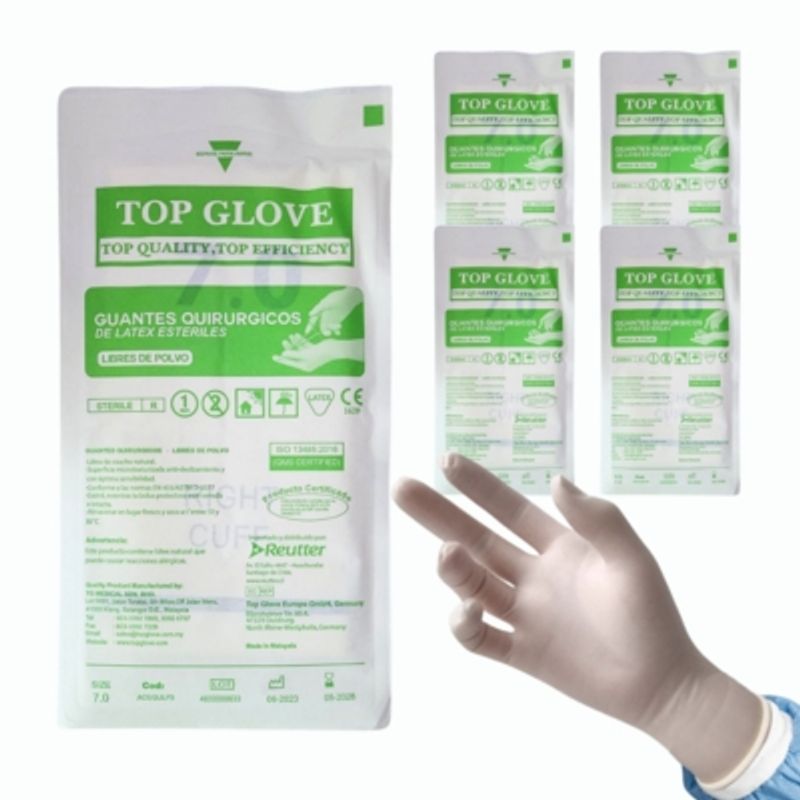 TOP GLOVE - Guantes Quirúrgicos Látex Libre de Polvo Estéril Top Glove Pack 5 Pares - Talla 7