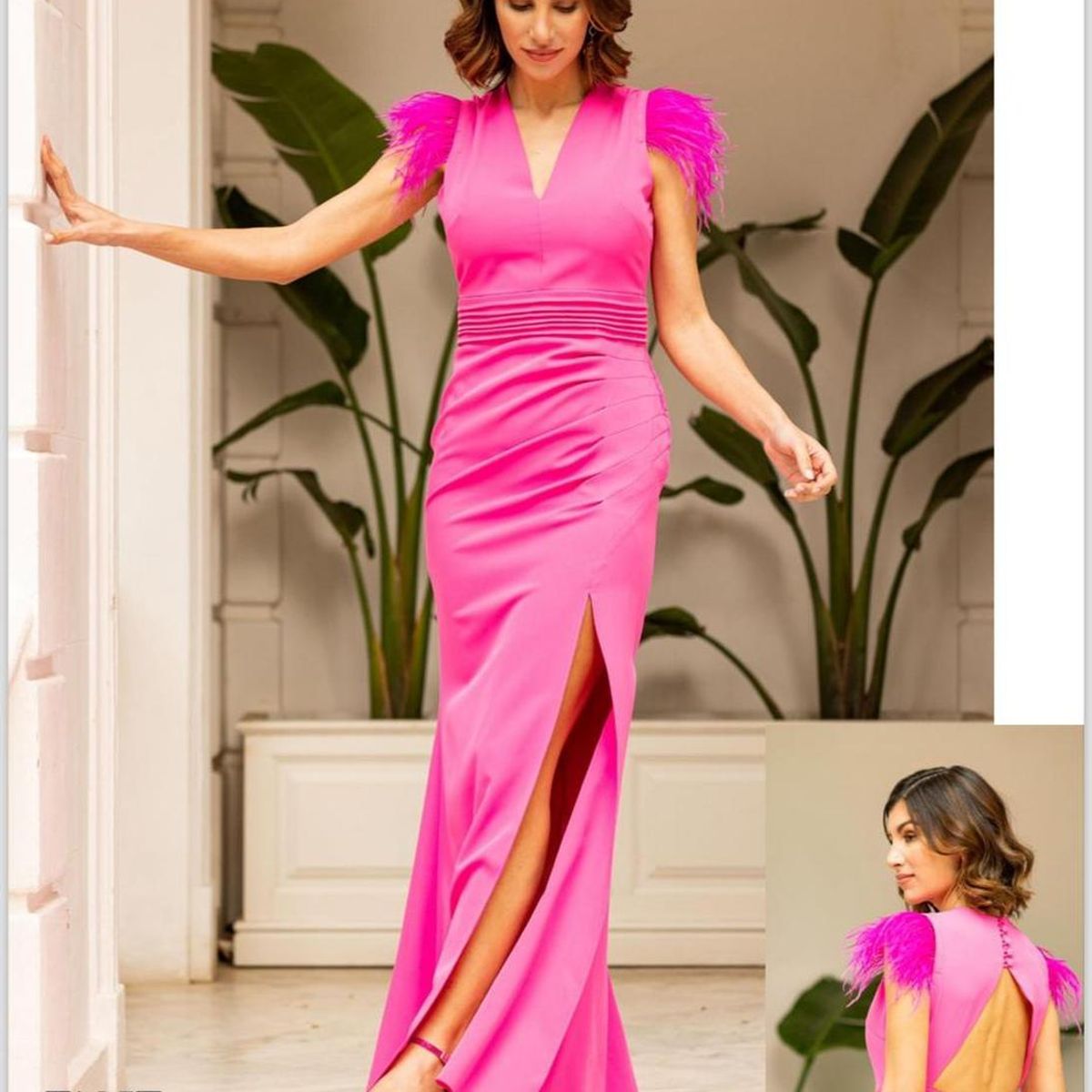GENERICO - Vestido Largo Plumas Hombro Fucsia