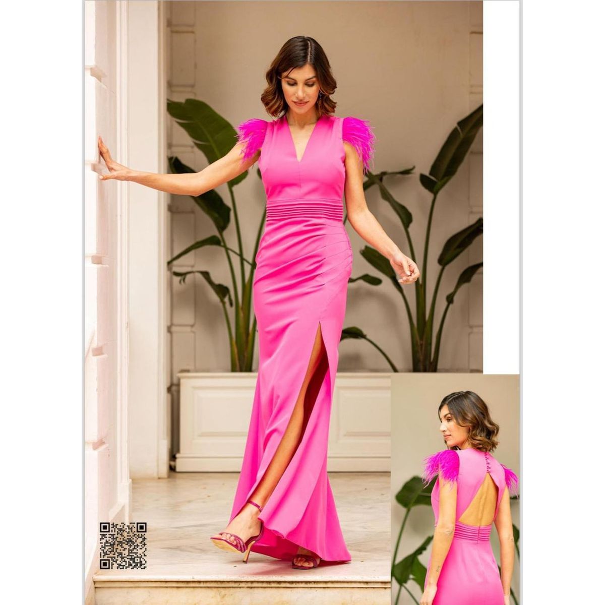 GENERICO - Vestido Largo Plumas Hombro Fucsia