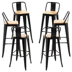 GENERICO - Pack de 6 Taburete De Acero Con Asiento De Madera NEGRO