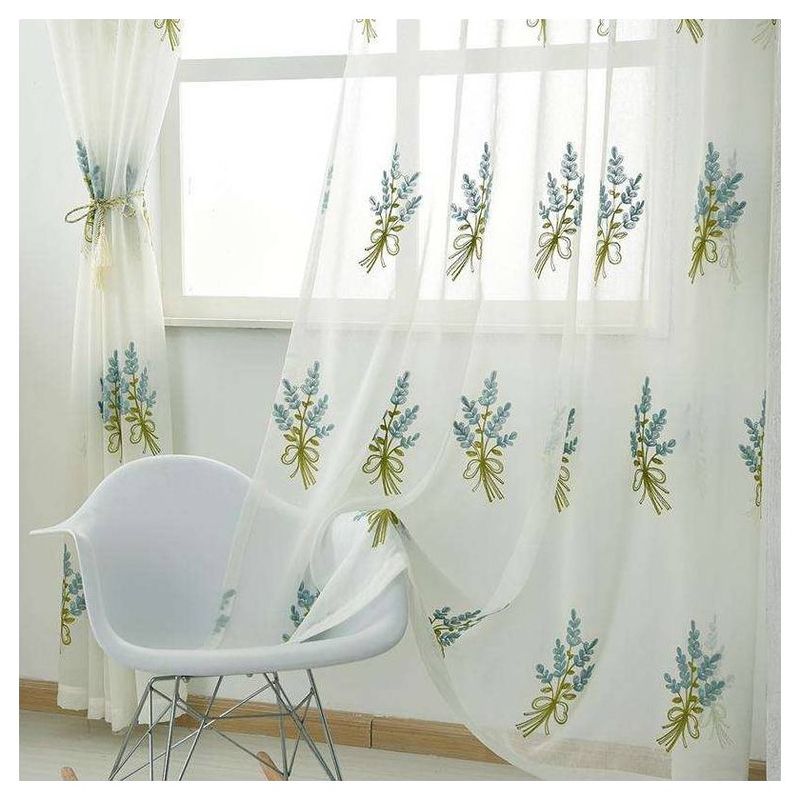 GENERICO - Set X 2 Visillos Blancos con Bordados Ramo Celeste 140x230 Cm
