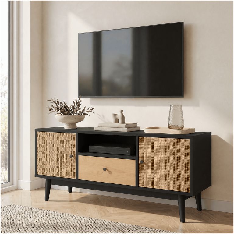 Rack Tv 140x40x48cm 1 Tiras 2 Puerta Melamina Tejido Eeuu