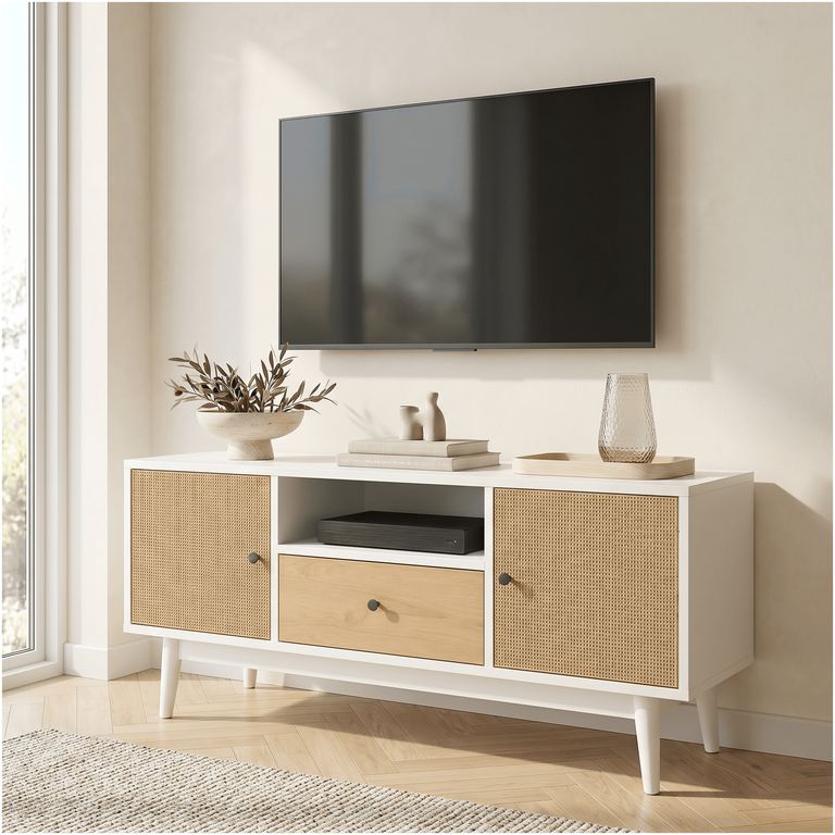 Rack Tv 140x40x48cm 1 Tiras 2 Puerta Melamina Tejido Eeuu