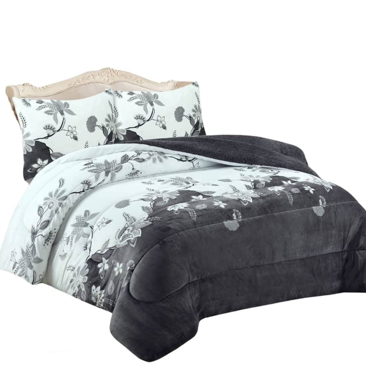 GENERICO - COBERTOR PLUSH CON CHIPORRO PARA INVIERNO GRIS FLOR  2 PLAZAS TF