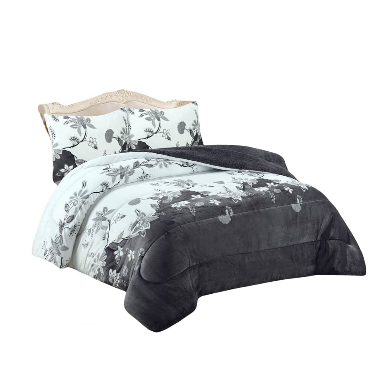 GENERICO - COBERTOR PLUSH CON CHIPORRO PARA INVIERNO GRIS FLOR  2 PLAZAS TF