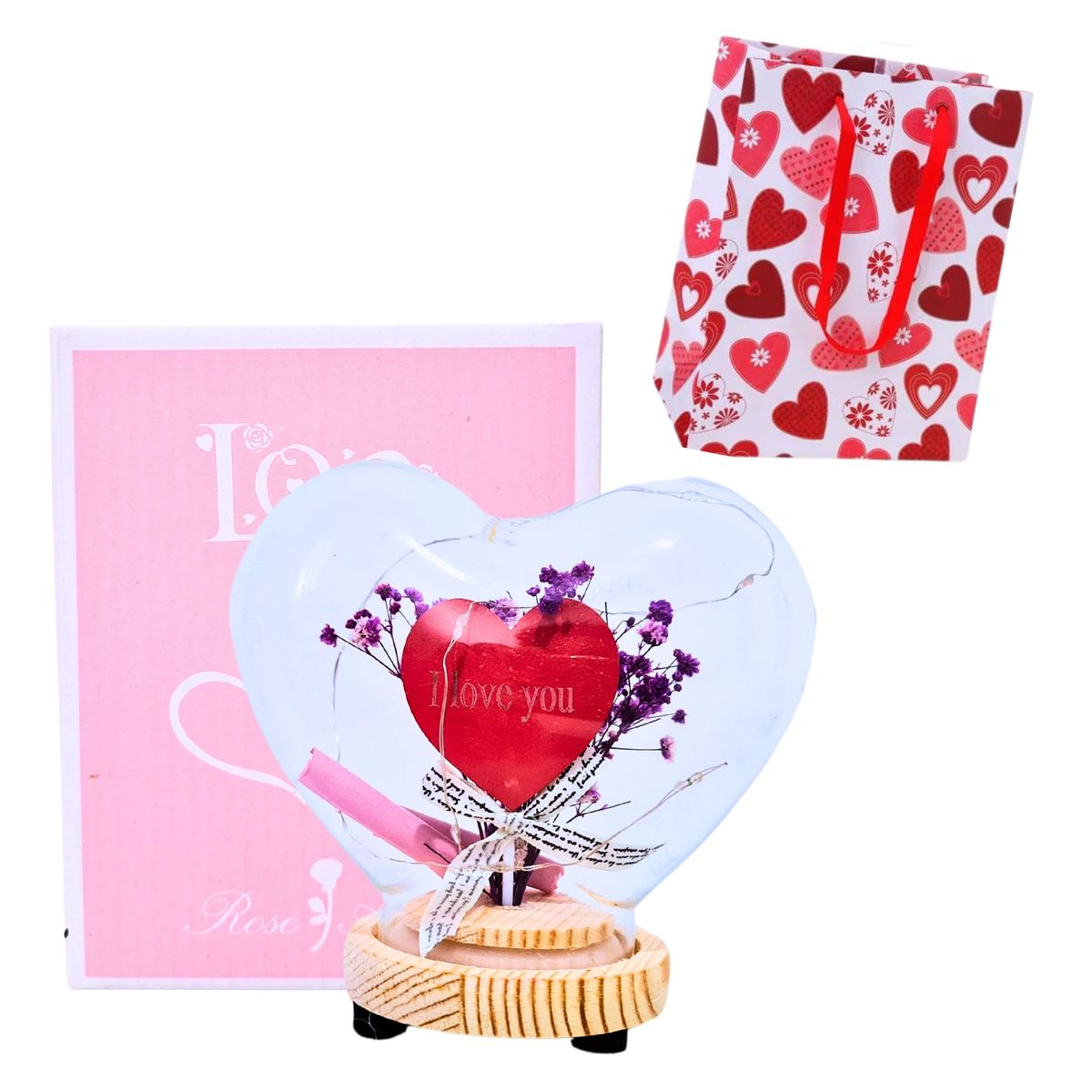 GENERICO - Corazón En Cúpula De Vidrio Con Luces Flores  Pilas Bolsa Regalo