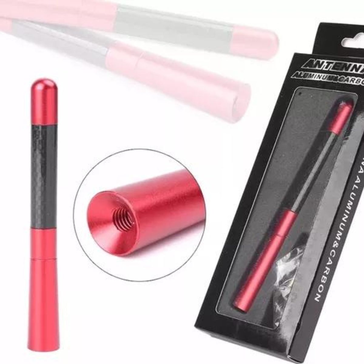GENERICO - Antena Universal Metalica Carbono Auto  Adaptadores ROJO