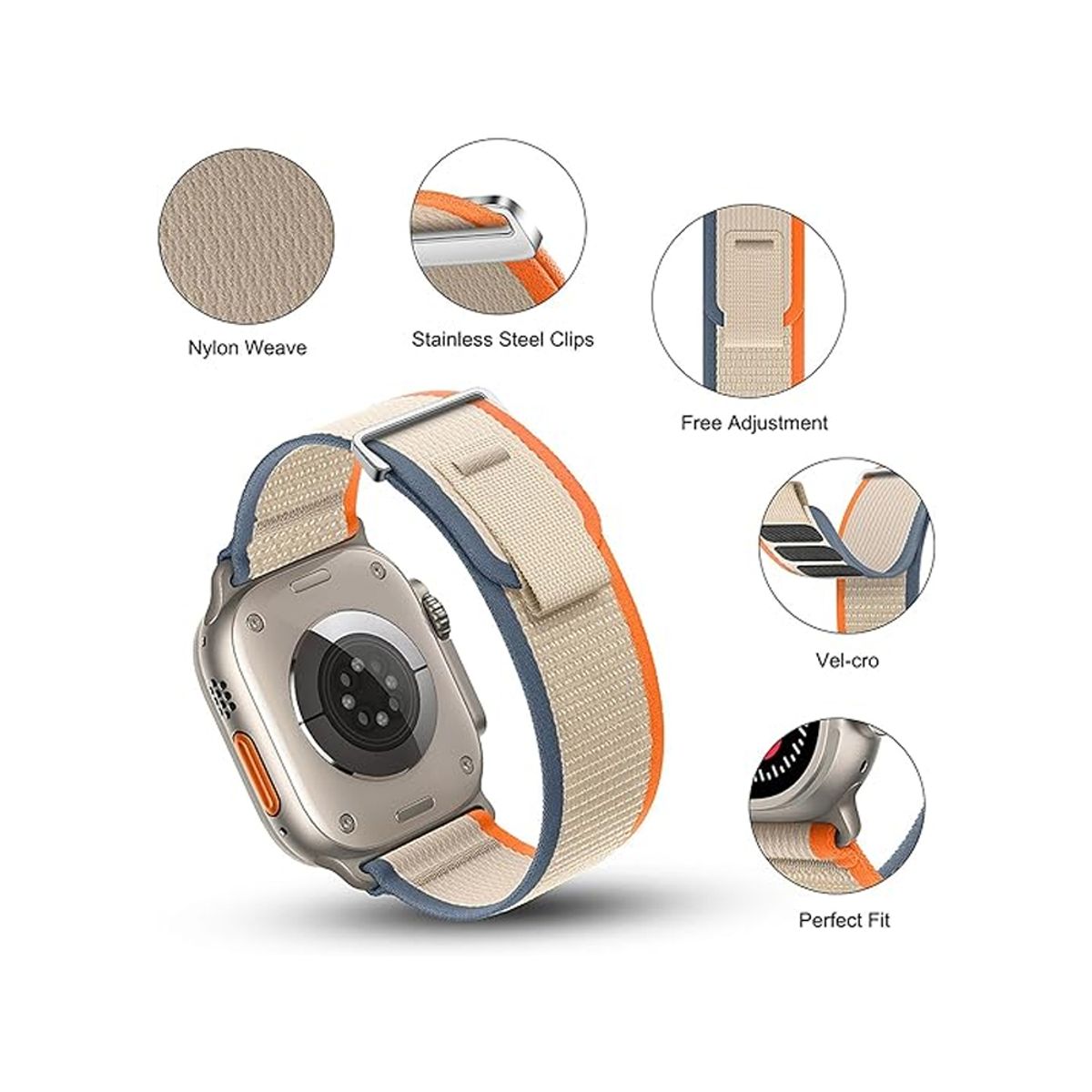 BANANA TIENDA - Correa Trail Compatible con Apple Watch 42 44 45mm Nylon Blanco con naranjo y azul