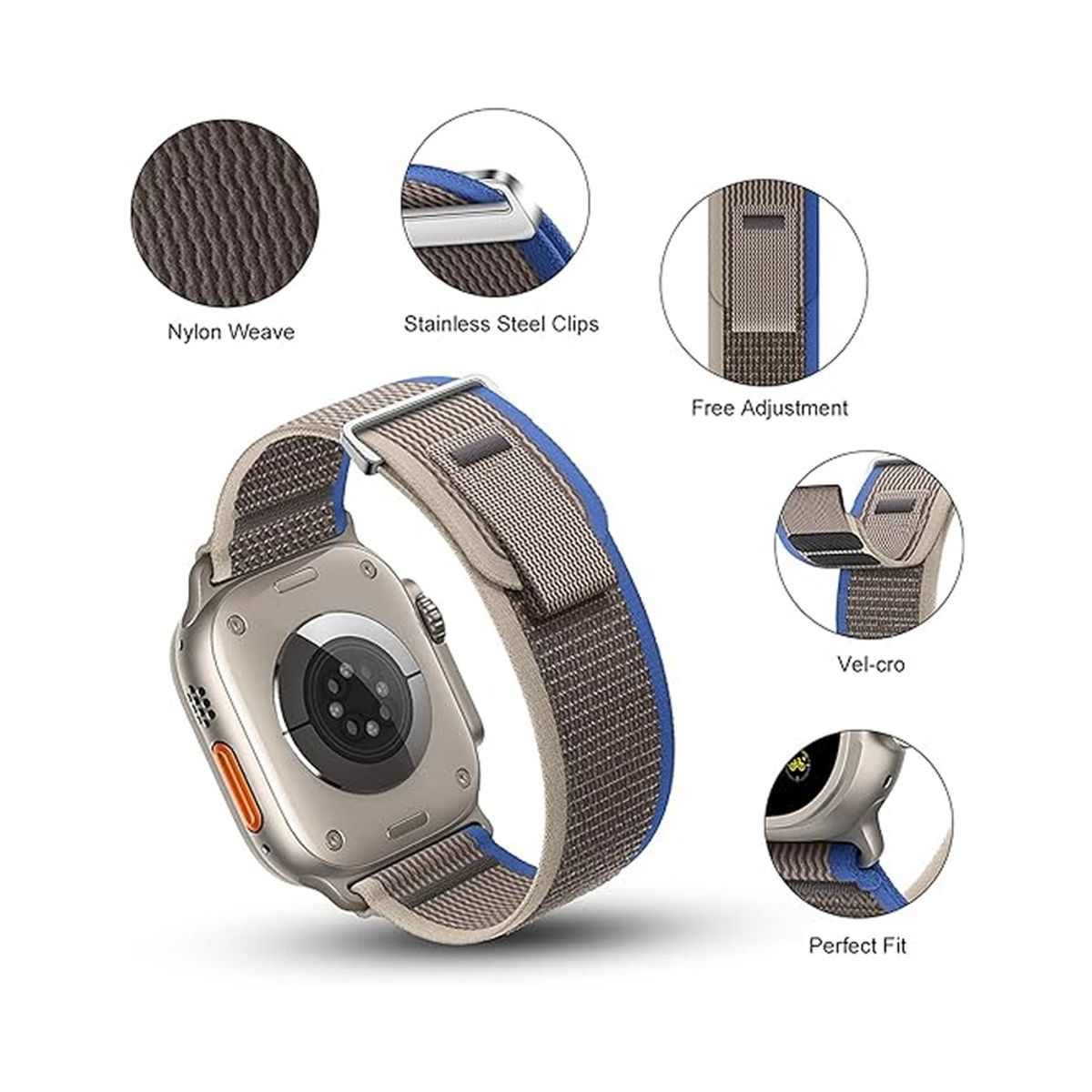 GENERICO - Correa Trail Apple Watch Nylon Gris con azul 42 44 45mm