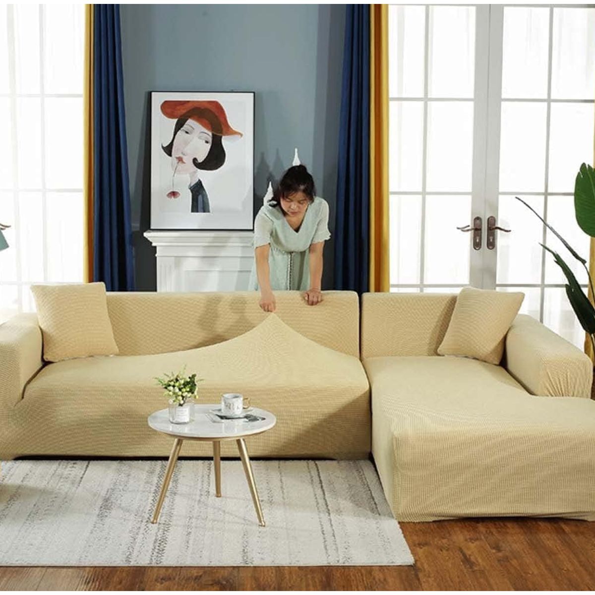GENERICO - FUNDA TIPO L BEIGE CUADRILLE MODULAR 2 PIEZAS SEMI ELASTICA AJUSTABLE