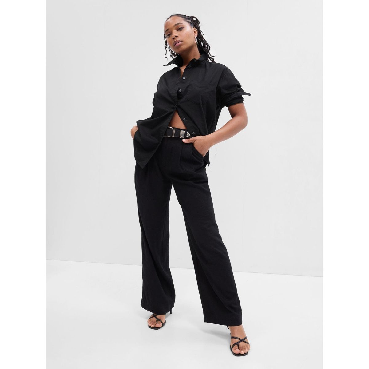 GAP - Blusa Popelina Oversize Manga Larga Mujer Negro