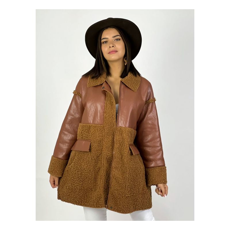 ENIGMATICA BOUTIQUE - Chaqueta Chiporro Con Eco Cuero Café ENIGMATICA BOUTIQUE