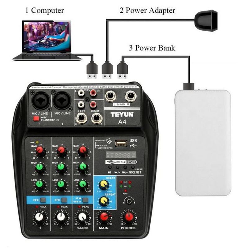 GENERICO - Consola Interfaz Audio Mixer 4 Canales Tu04 Usb Bluetooth