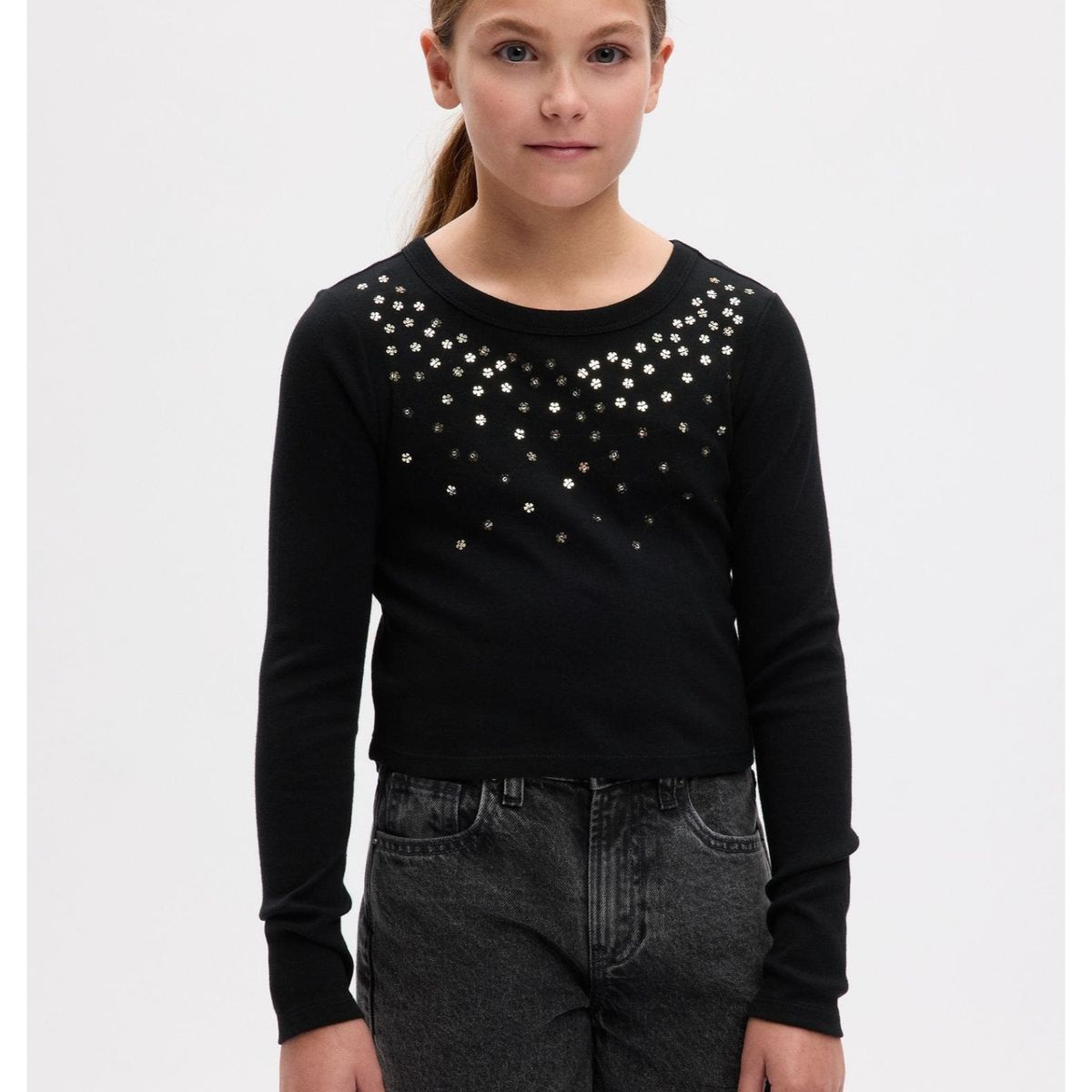 GAP - Polera Cropped Manga Larga Niña Negro