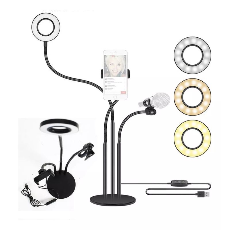 GENERICO - Anillo Aro De Luz Con Soporte Para Telefono Y Microfono Tik