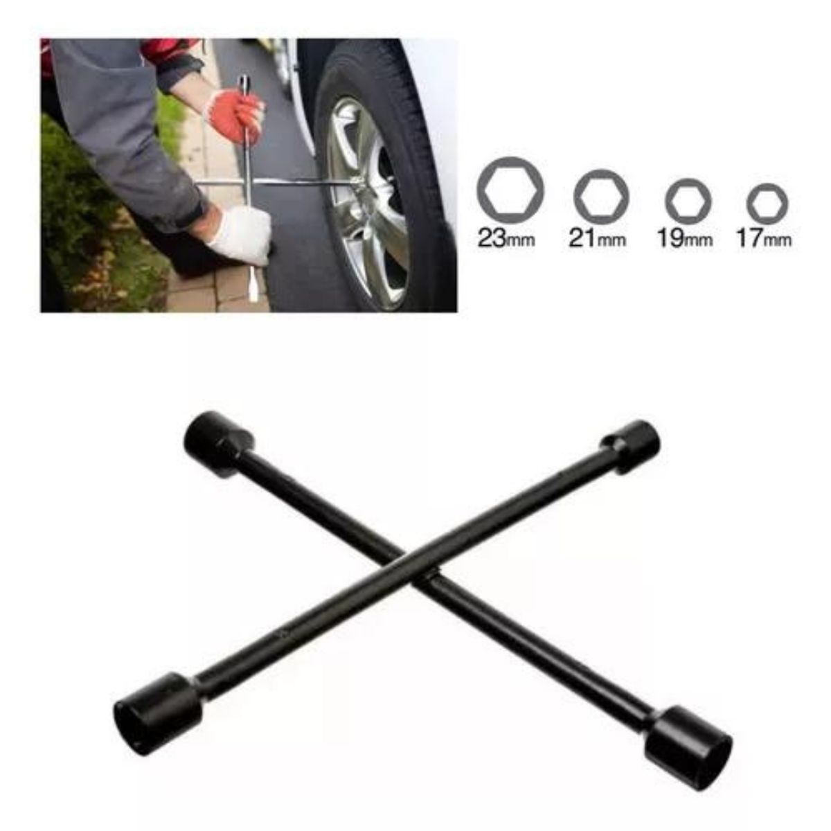 GENERICO - Llave Rueda Cruz Auto Camioneta 17mm 19mm 21mm 23mm Negro