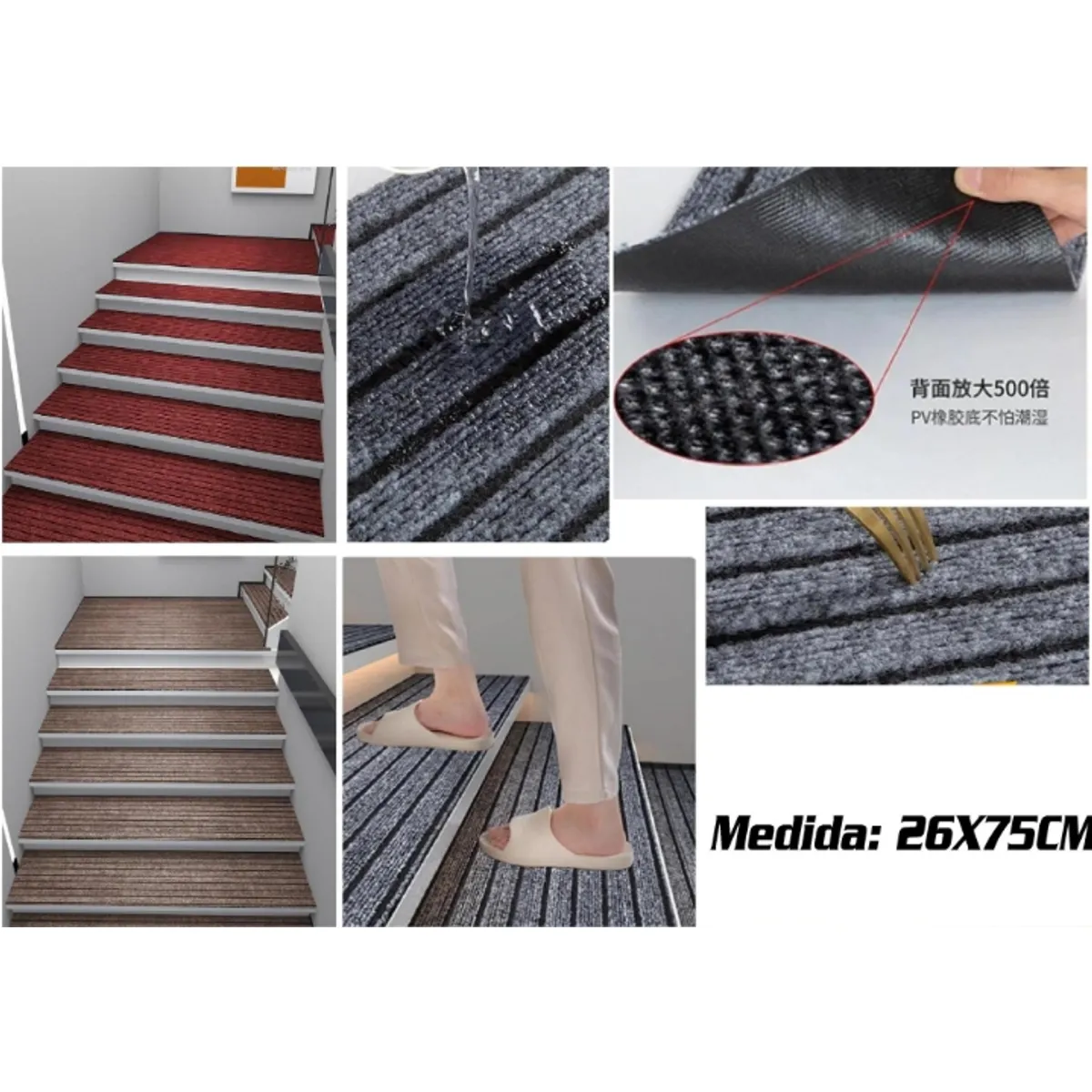 GENERICO - Alfombra Moderna Autoadhesiva Para Escalera 26X75 cm Gris