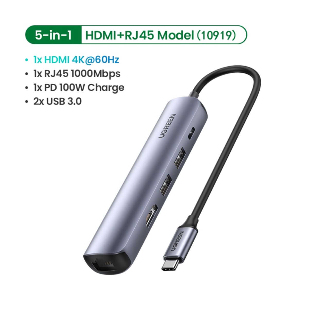 UGREEN - Hub Usb-C  1hdmi 4k60hz  2usb 30  1in Usb-C Pd Aluminio Cm418