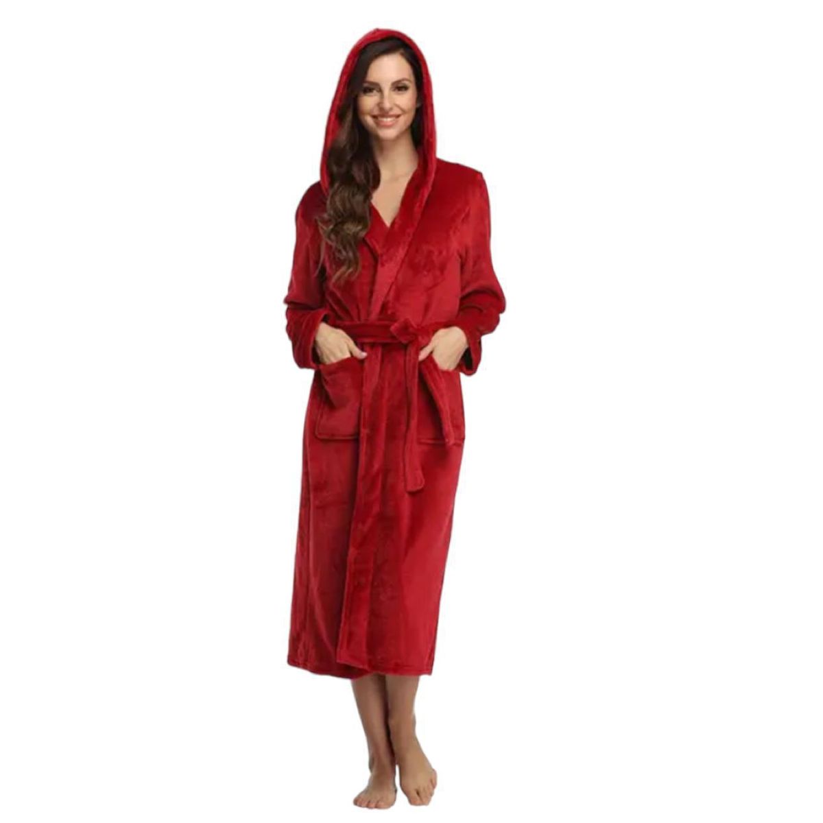 GENERICO - Bata Polar Roja Para Mujer Spa Otoño Con Capucha