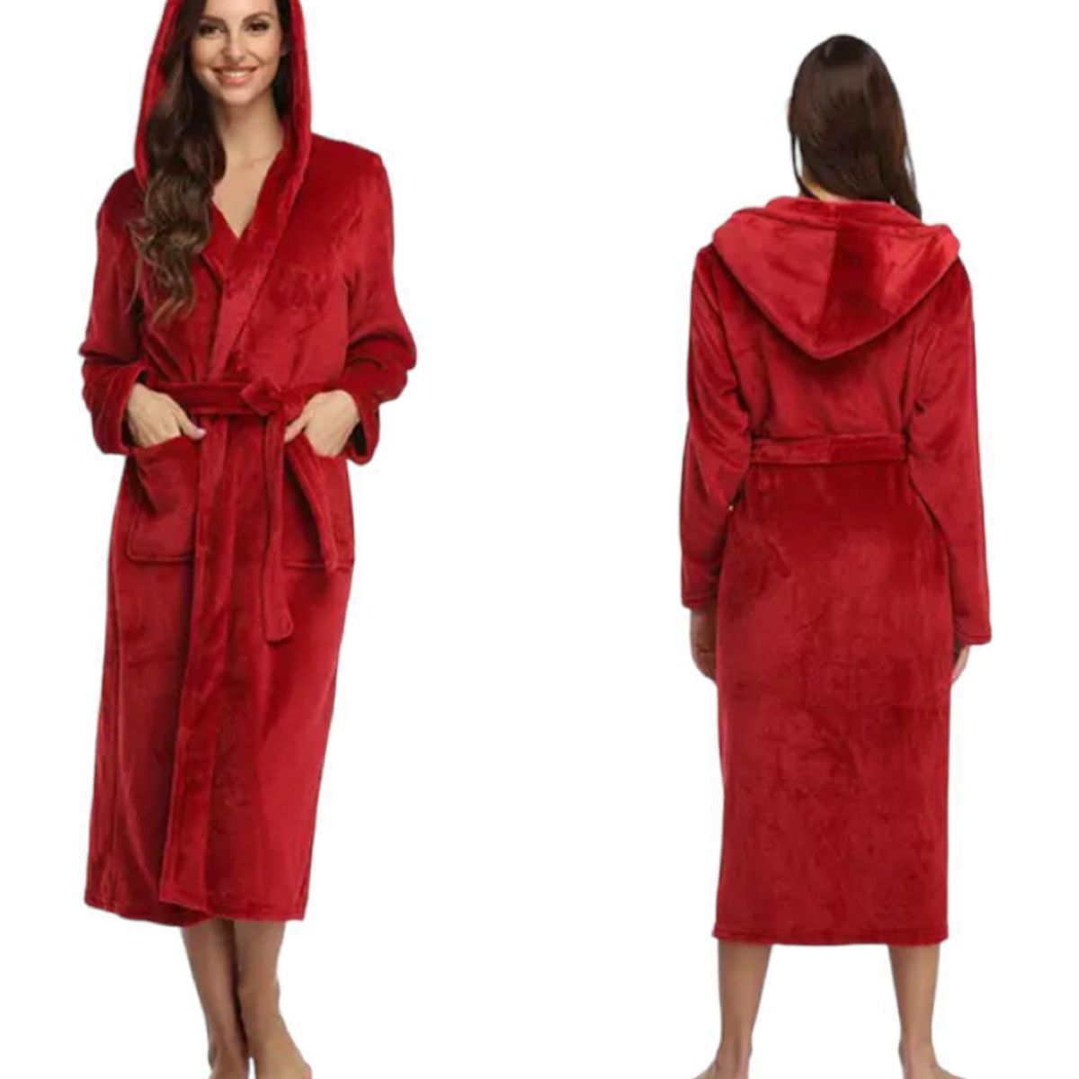 GENERICO - Bata Polar Roja Para Mujer Spa Otoño Con Capucha