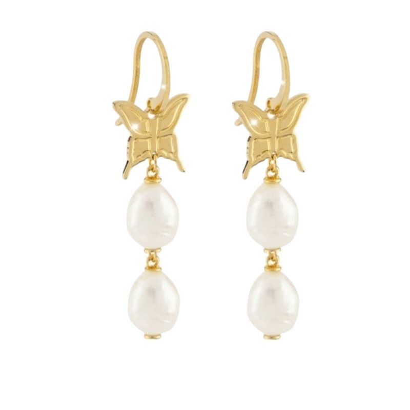 REBECCA CHILE - Aros de mariposa de oro amarillo con 2 perlas