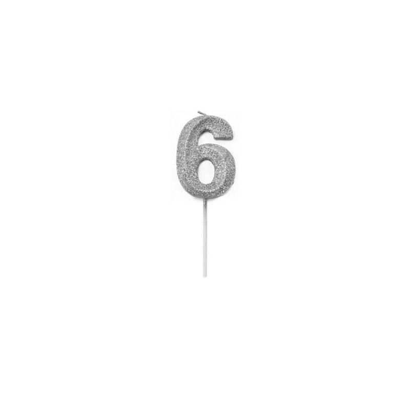 GENERICO - Vela De Numero 6 De 13cm Purpurina Color Plata